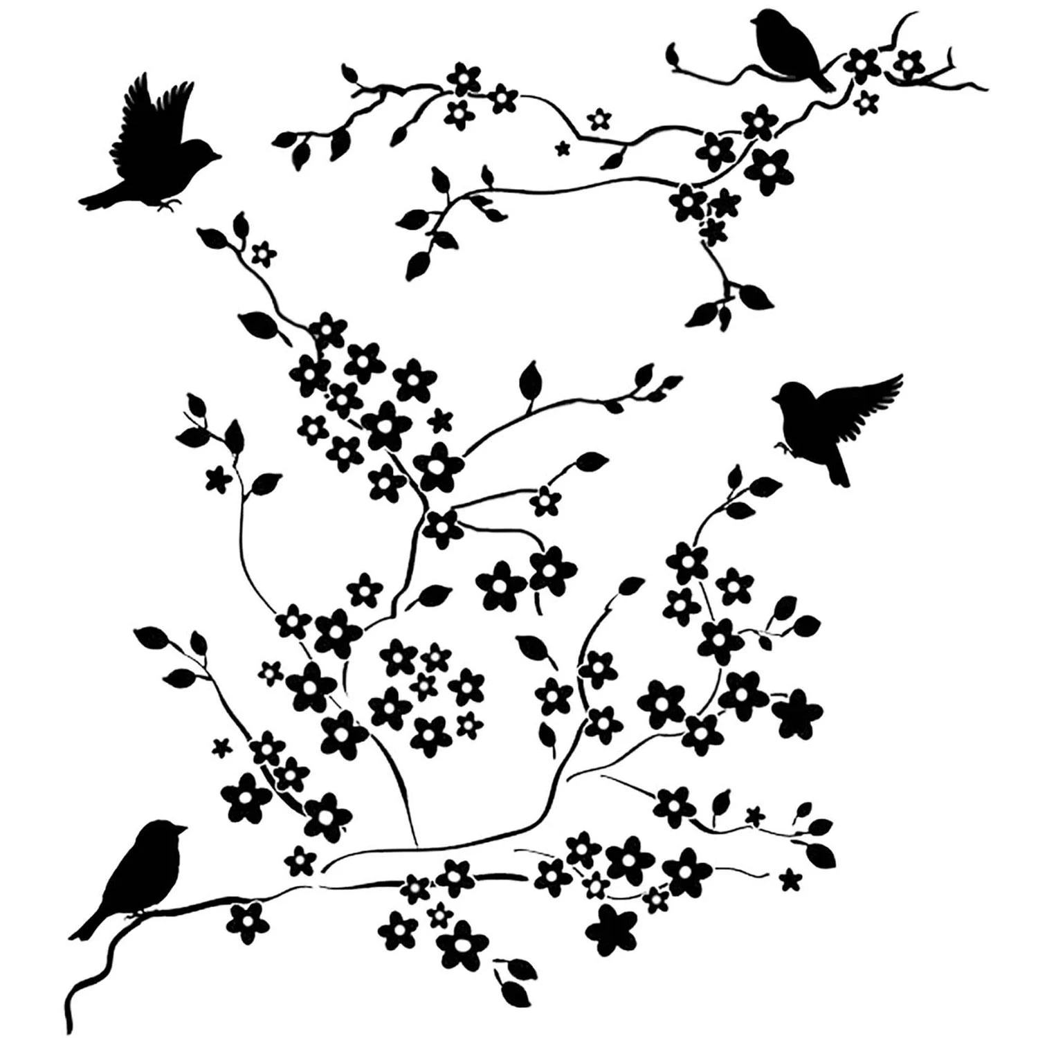 Birds Flowering Branch Black Enamel Decals